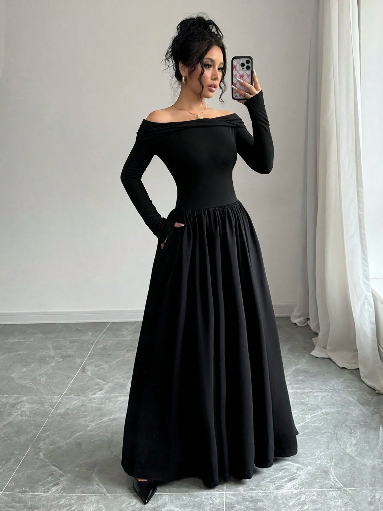 Black Off-Shoulder Long Sleeve A-Line Maxi Dress with Front Twist and Pockets
