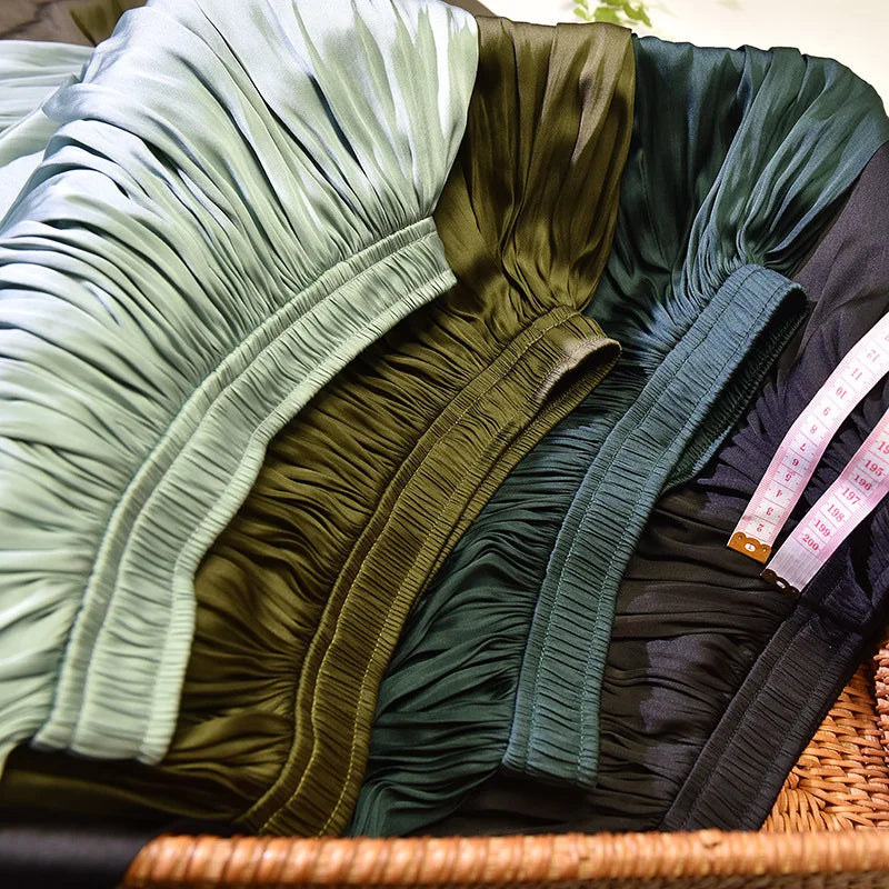 Summer Silky Skirt Elastic High Waist Glossy Silky Long Skirt Milk Silk A-line Long Skirts Women Beach Pearlescent Dress