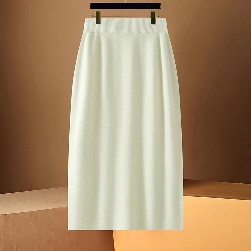 DjzDsm Spring and Autumn New Women's 100% Merino Wool Half Skirt High Waist Elastic Hip Wrap Skirt One Step Wool Knitted Skirt