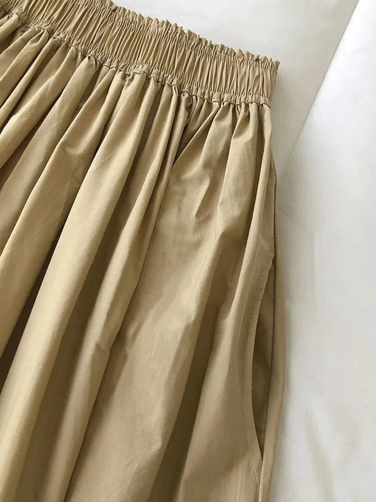 NEW Women's White Long Skirt High Waist A-Line Knee-Length Fashion Pockets Pleated Casual Elegant Skirts for Autumn