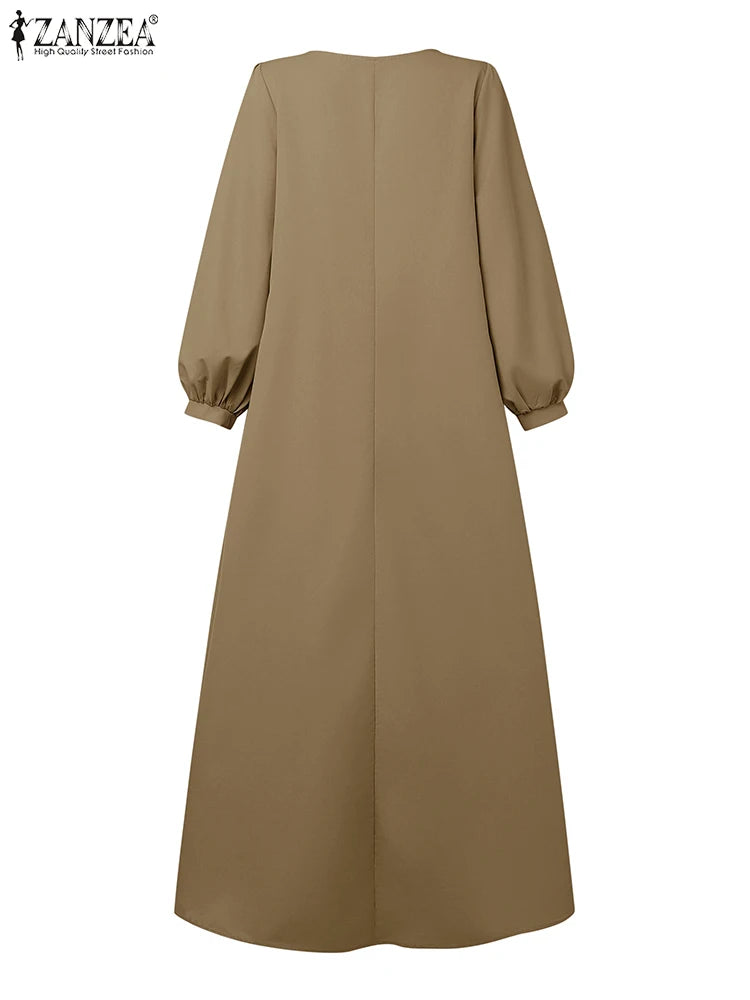 ZANZEA Womens Casual Chic Maxi Dresses Boatneck Lantern Sleeve Fake Two-Piece Solid Color A-Line Long Dress Autumn Retro Clothes