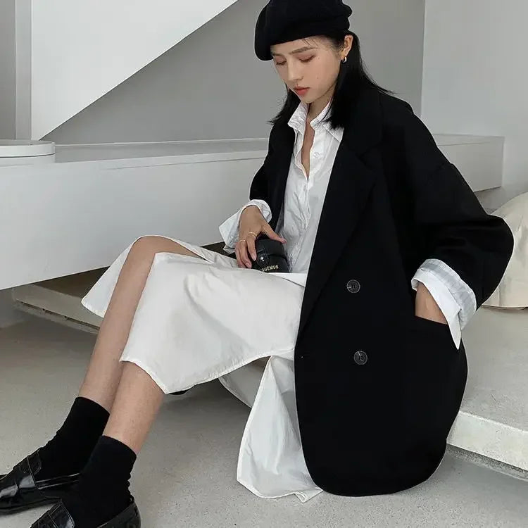 New 2026 Vintage Loose Women Solid Blazer Autumn Chic Double Breasted Female Long Sleeve Suit Jackets Stylish Ladies Blazers