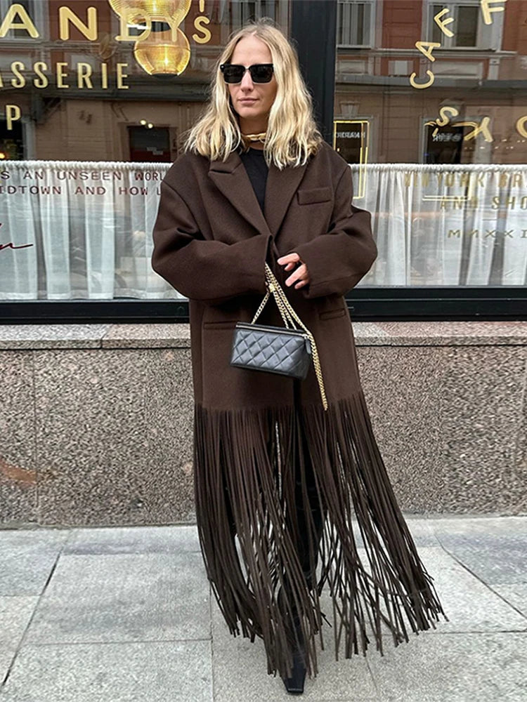 Vintage Tassel Solid Suit Trench Women Casual Lapel Single Button Long Tassels Jackets Coat Female Winter Chic Design Outwear