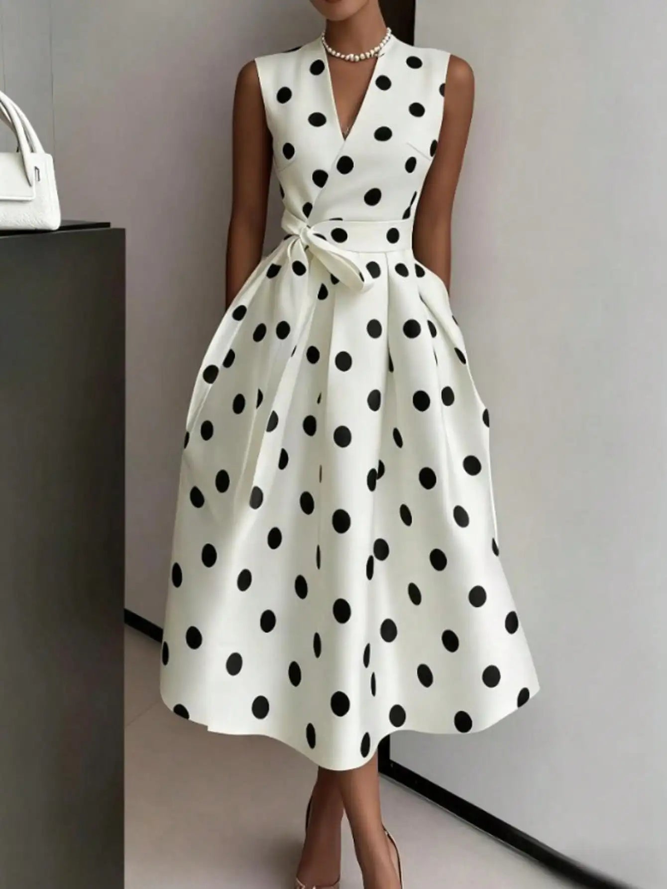 Women's V-Neck Sleeveless Polka Dot Wrap Dress with Waist Tie, A-Line Midi