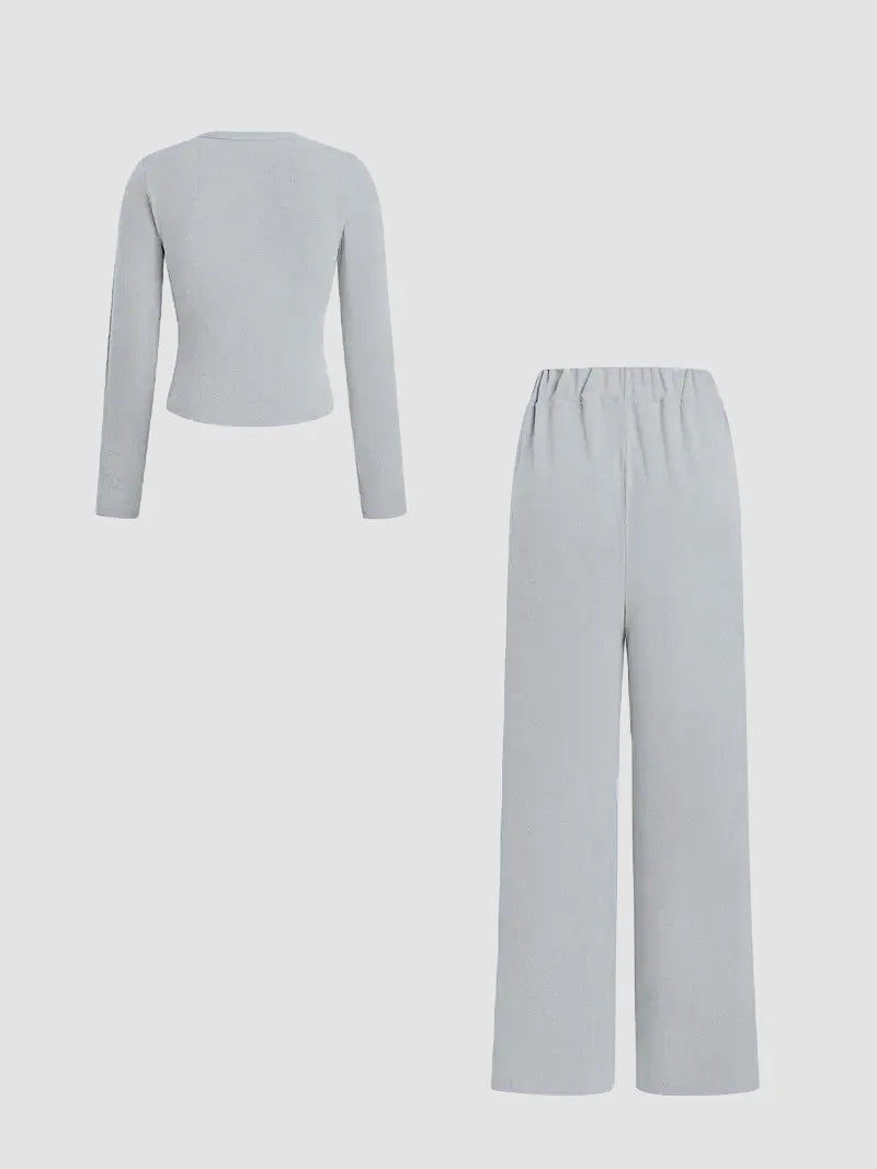 Women's 2 Piece Set Ribbed Long Sleeve T-Shirt & Wide Leg Pants, Casual Fall Winter, Ladies Fashion Clothing