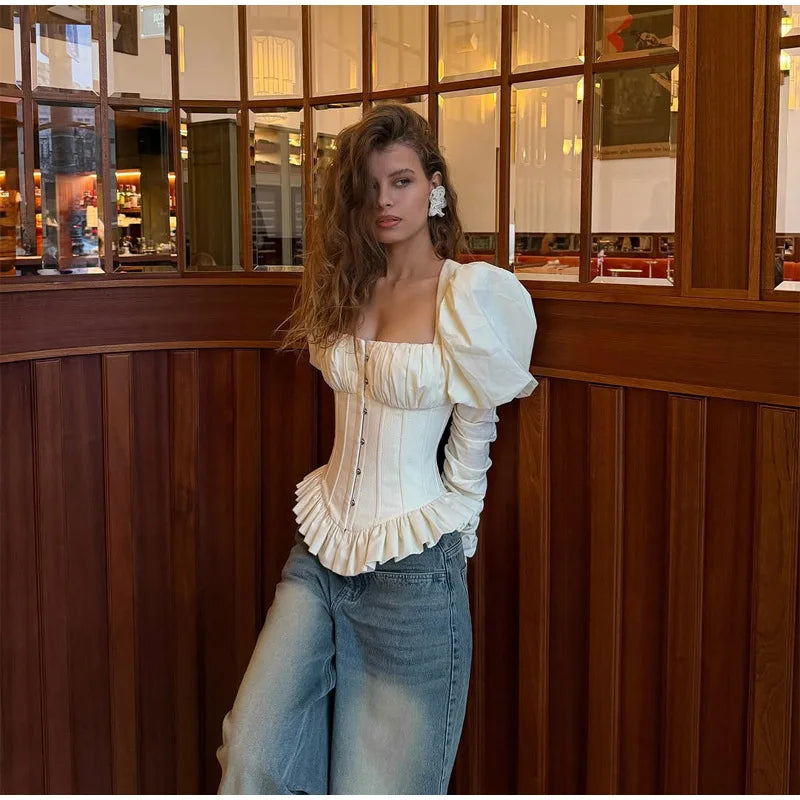 Spring Elegant Fishbone Pleated Shirt Women French Square Neck Puff Long Sleeves Backless Slim Blouses 2026 Lady Club Party Tops