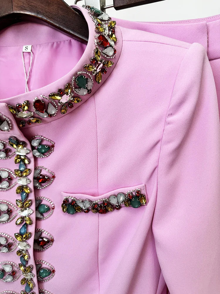 Luxury 2026 Spring Crystal Pants Suits Two Piece Sets Women's Blazers Long Trousers Pink Suit Coats Wide Leg Pants 2pcs Outfits