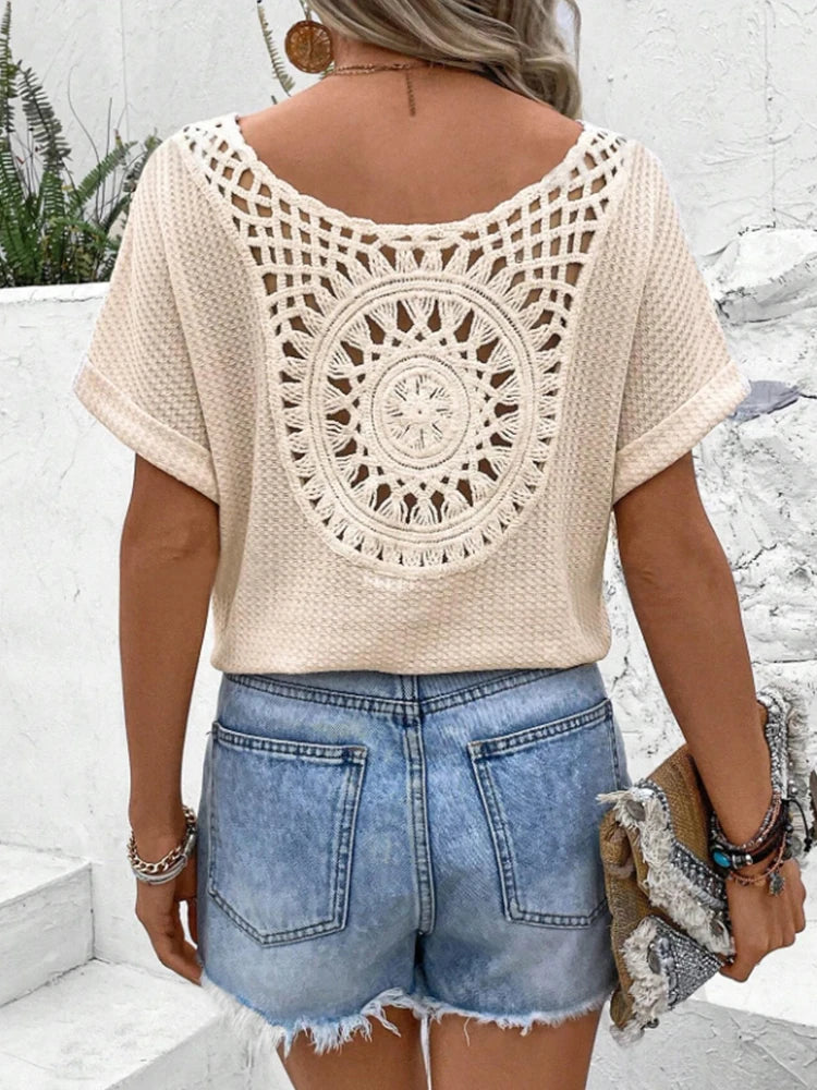 Fashionable Spring Summer Crochet Splice V-Neck Batwing Sleeve T-Shirt Women's Style Hooked Patchwork Top for Ladies