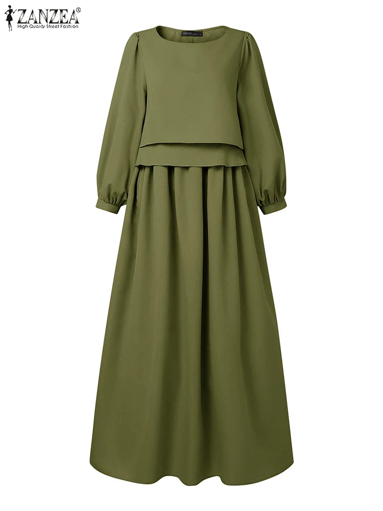 ZANZEA Womens Casual Chic Maxi Dresses Boatneck Lantern Sleeve Fake Two-Piece Solid Color A-Line Long Dress Autumn Retro Clothes