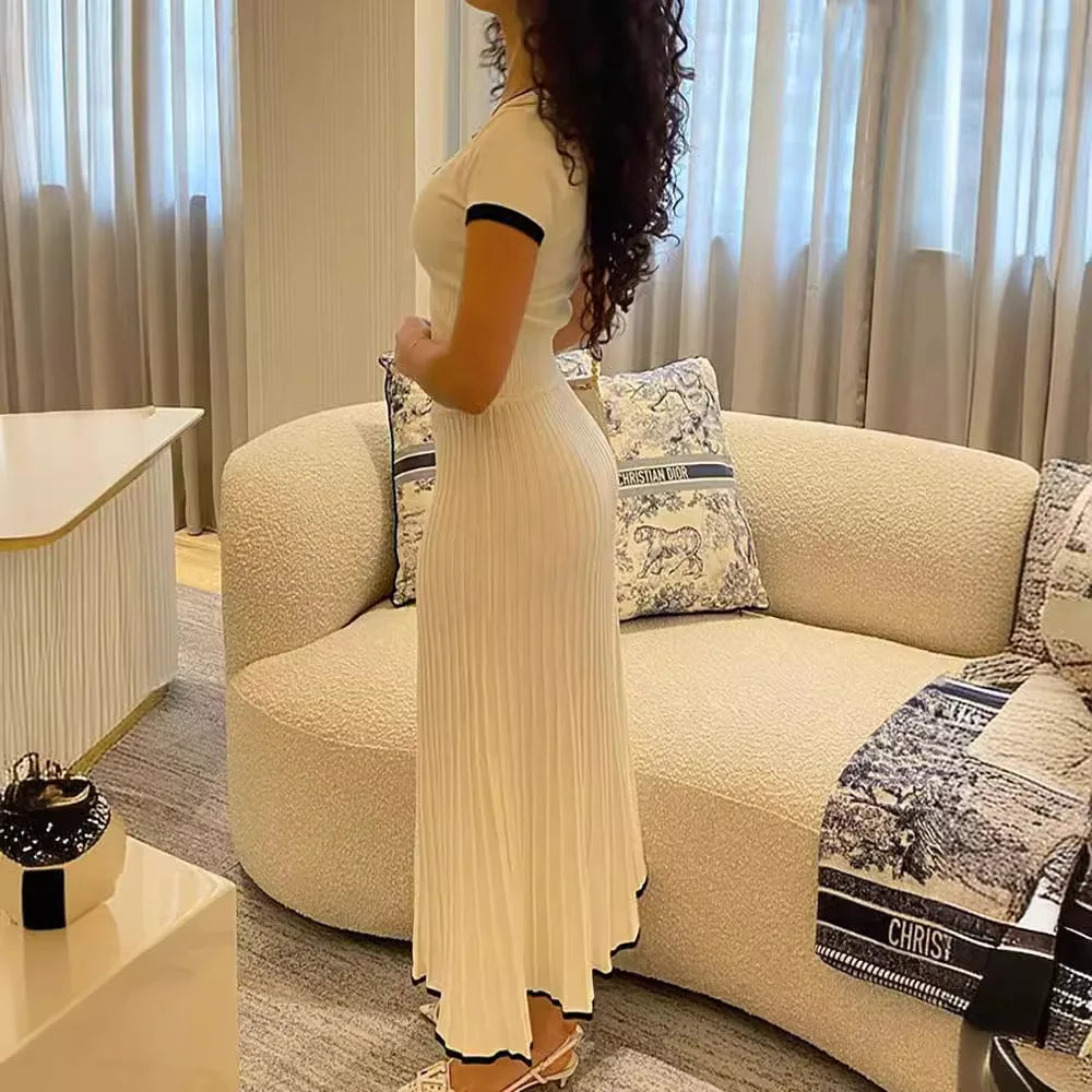 2026 Summer Women White long Skirt Suit Short Sleeve V-neck crop top pleated set elegant dress 2 piece skirt set Plus Size S-3XL