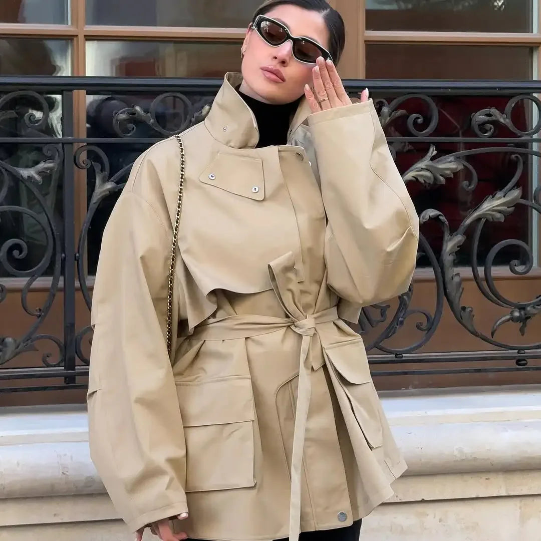 Single Breasted Khaki Belt Trench Coat Women Elegant Lapel Long Sleve Pockets Windbreaker Jacket Autumn Lady Daily Street Jacket