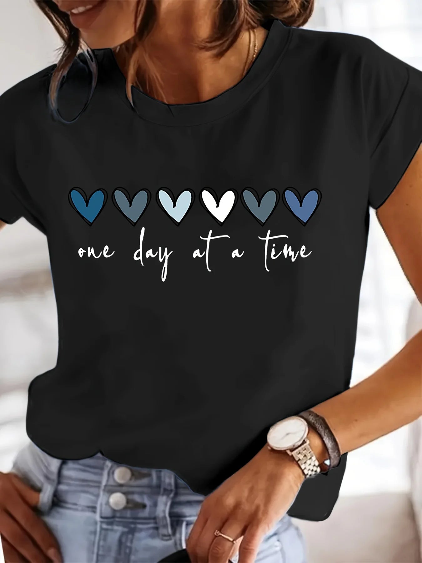Women'S Casual Graphic T-Shirt - It'S One Day at a Time Heart Print, Short Sleeve Round Neck Top for Spring & Summer