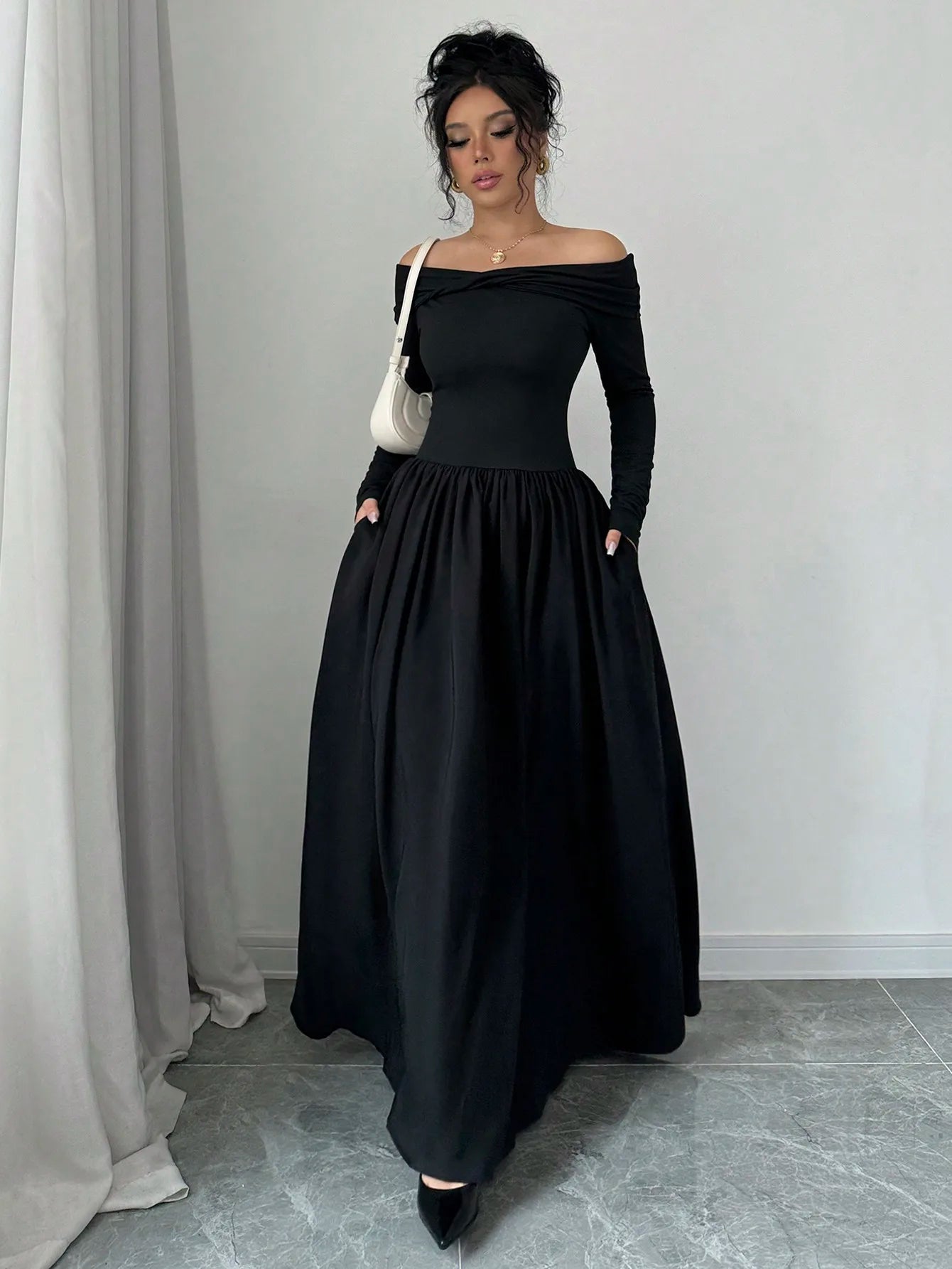 Black Off-Shoulder Long Sleeve A-Line Maxi Dress with Front Twist and Pockets