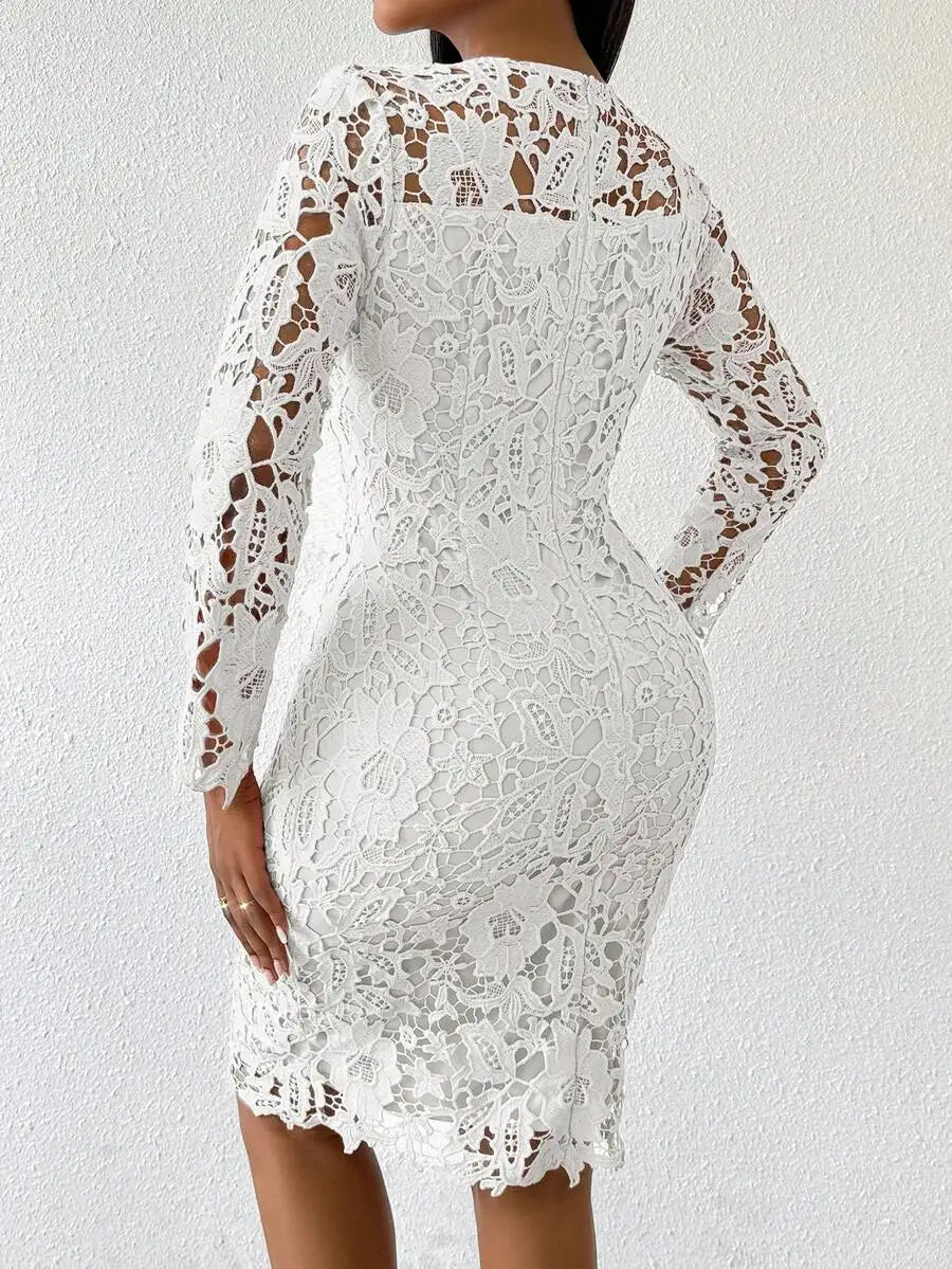 White Floral Lace Crew Neck Midi Dress with Long Sleeves for Party or Office