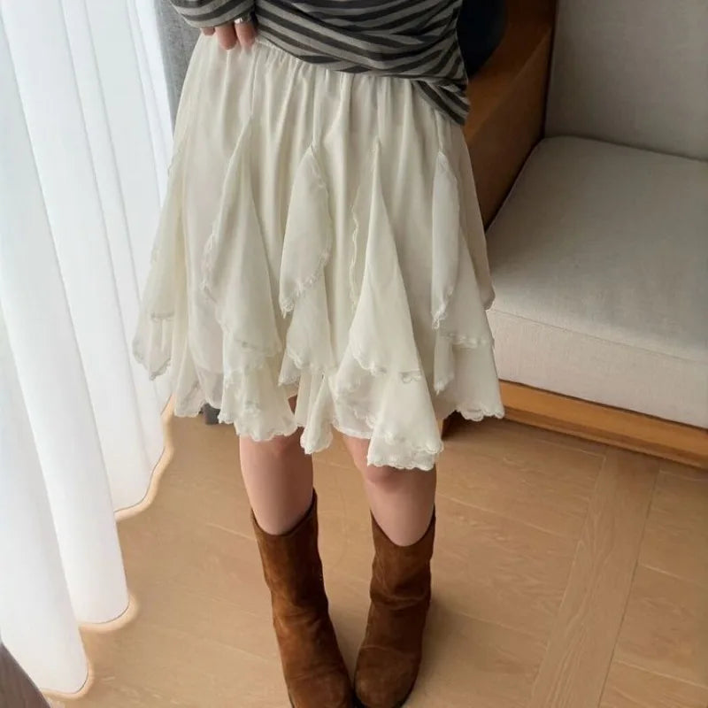 Women's Tutu Tulle Skirt Asymmetrica Chiffon Korean Version Elastic Waist Knee-Length Lace Splicing Layered Puffy Cake Skirt