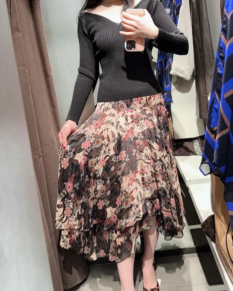 Women's Skirt 2026 New Fashion Spring Summer Floral Print Midi Skirt for Women Casual Chic Personality Female Skirt