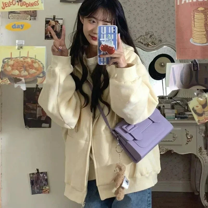 Women Embroidery Print Sporty Chic Hoodies Casual Zip Up Long Sleeve Loose Jacket Coats Harajuku Hooded Sweatshirts Streetwear