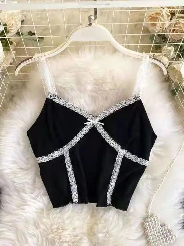 ITOOLIN Women Lace Up Crop Tops V-Neck Knitted Camis Short Slim Underwear Tops Straps Tops for WOmen 2025 Summer