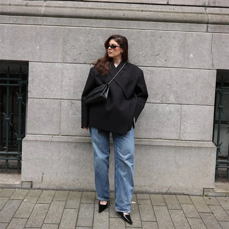Casual Oversize Lapel Single Breasted Suit Jackets Women Chic Full-Sleeve Pocket Blazer Coat Lady High Street Commute Outerwears