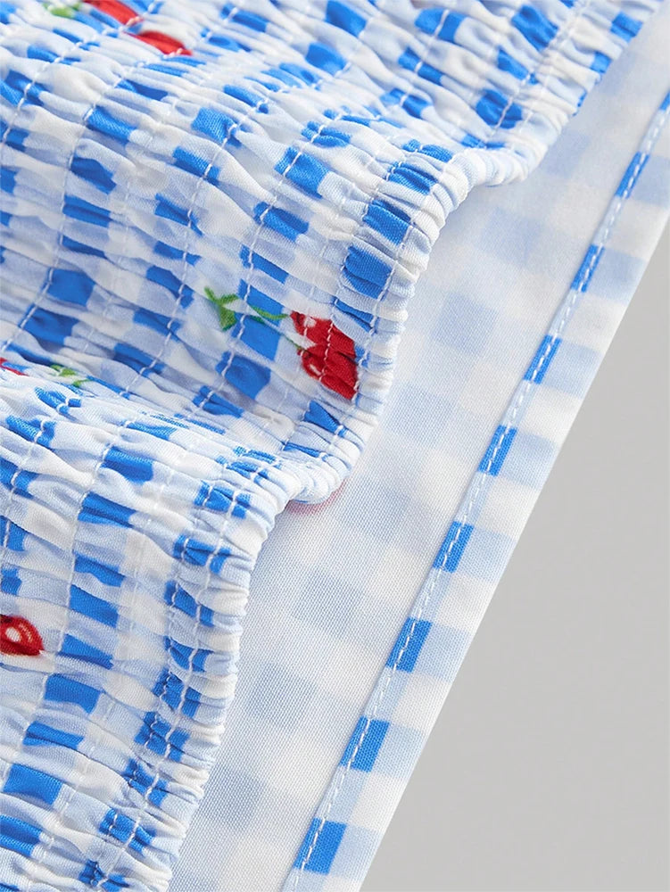 Women's Blue and White Checkered Cherry Print Two-Piece Set: Camisole Top + Flared Mini Skirt Sweet Retro Vacation Outfit