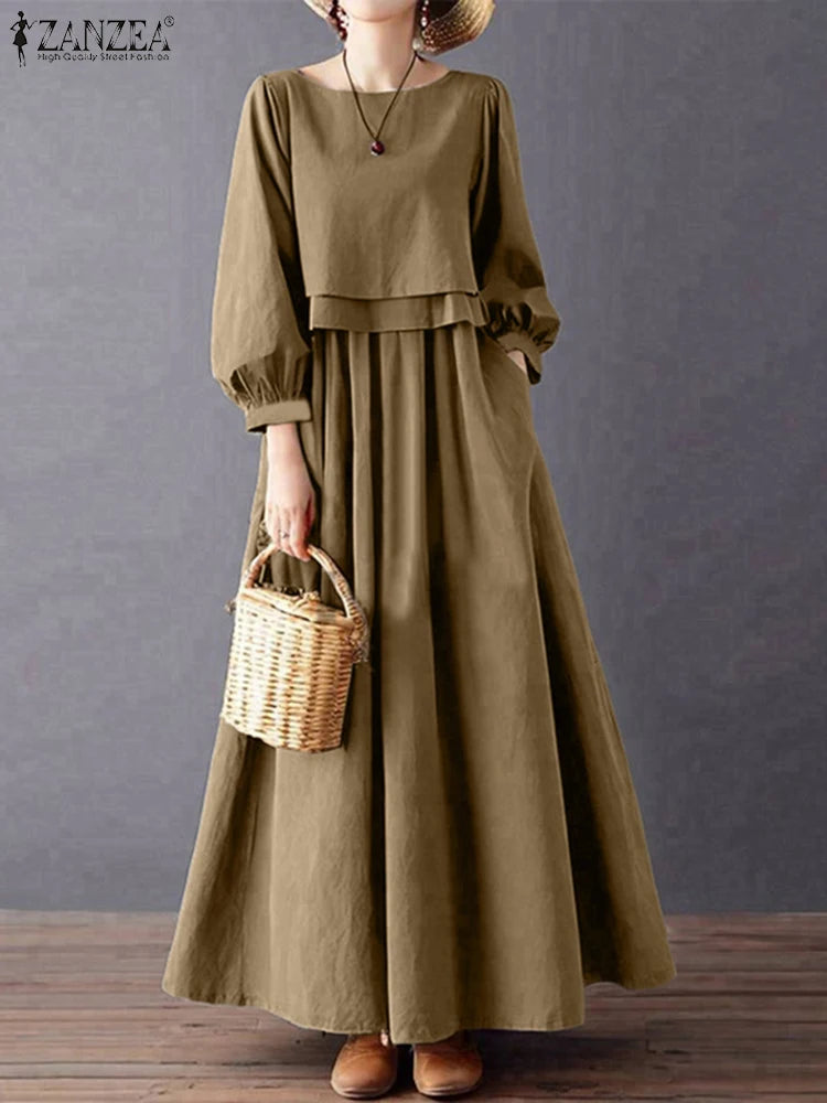 ZANZEA Womens Casual Chic Maxi Dresses Boatneck Lantern Sleeve Fake Two-Piece Solid Color A-Line Long Dress Autumn Retro Clothes
