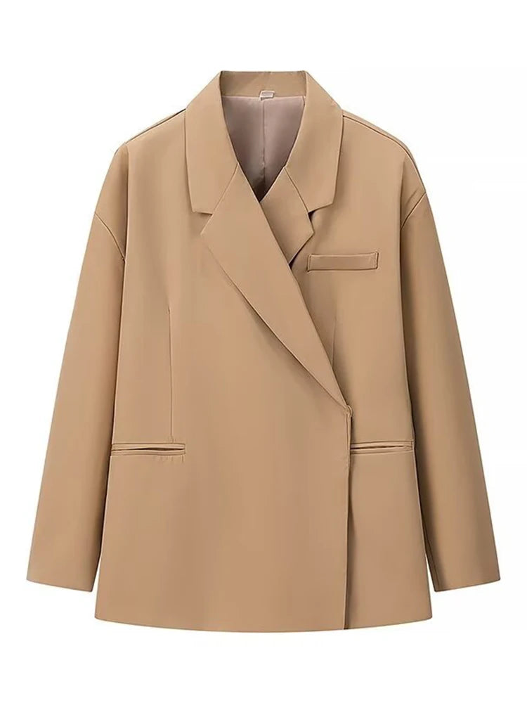 Casual Oversize Lapel Single Breasted Suit Jackets Women Chic Full-Sleeve Pocket Blazer Coat Lady High Street Commute Outerwears
