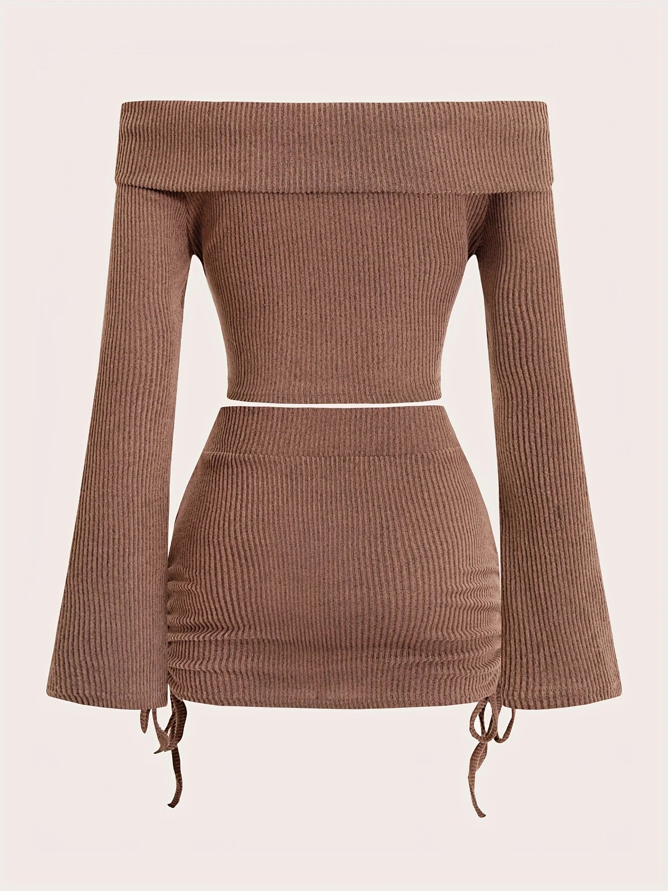 Women's 2-Piece Off-Shoulder Ribbed Set - Long Sleeve Crop Top & Ruched Mini Skirt Outfit for Fall/Winter
