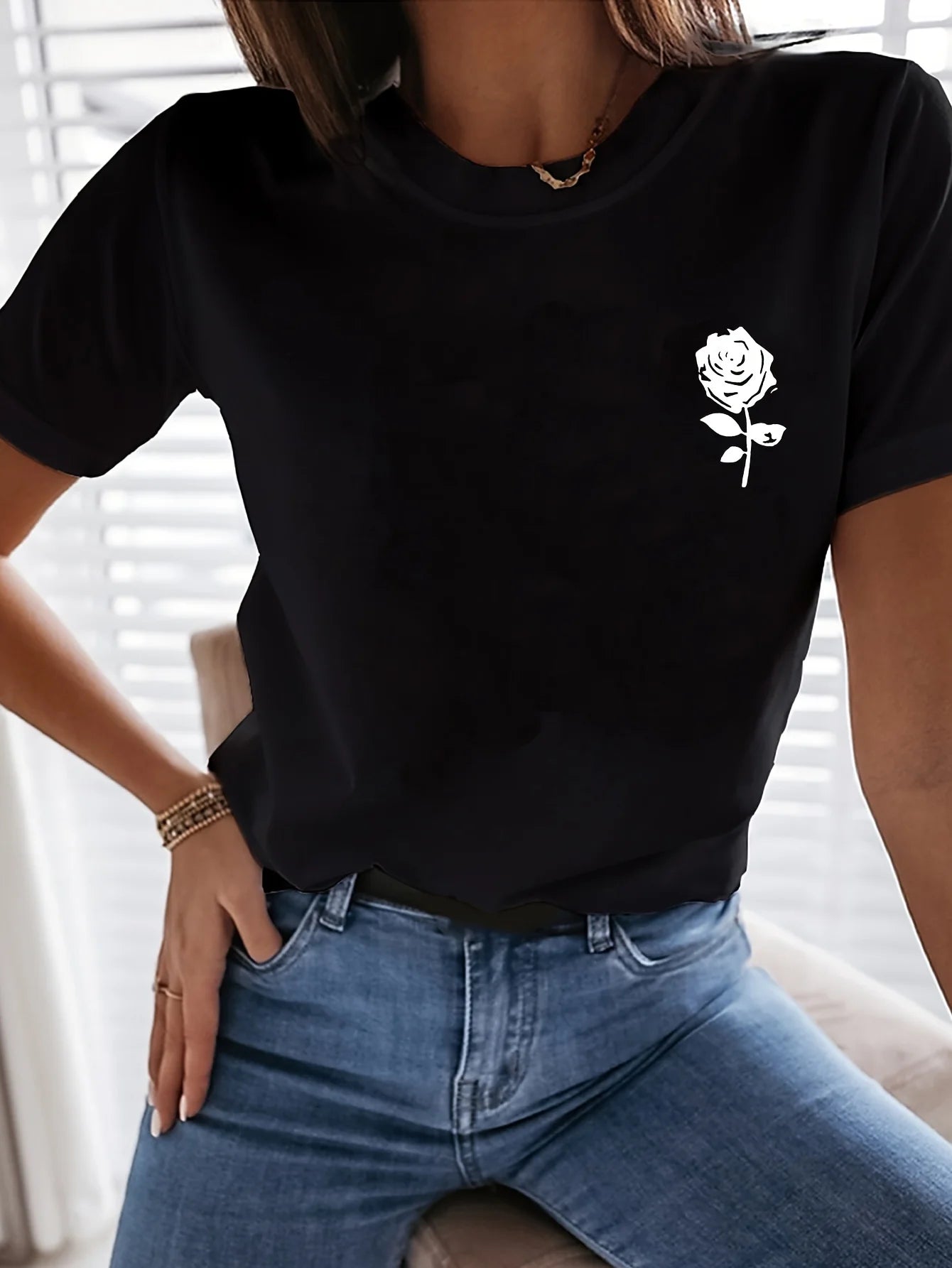 Simple Rose Flower Printing Tops Cotton T-Shirts For Womens Fashion Casual Soft Short Sleeve Loose Tees Comfortable Clothes