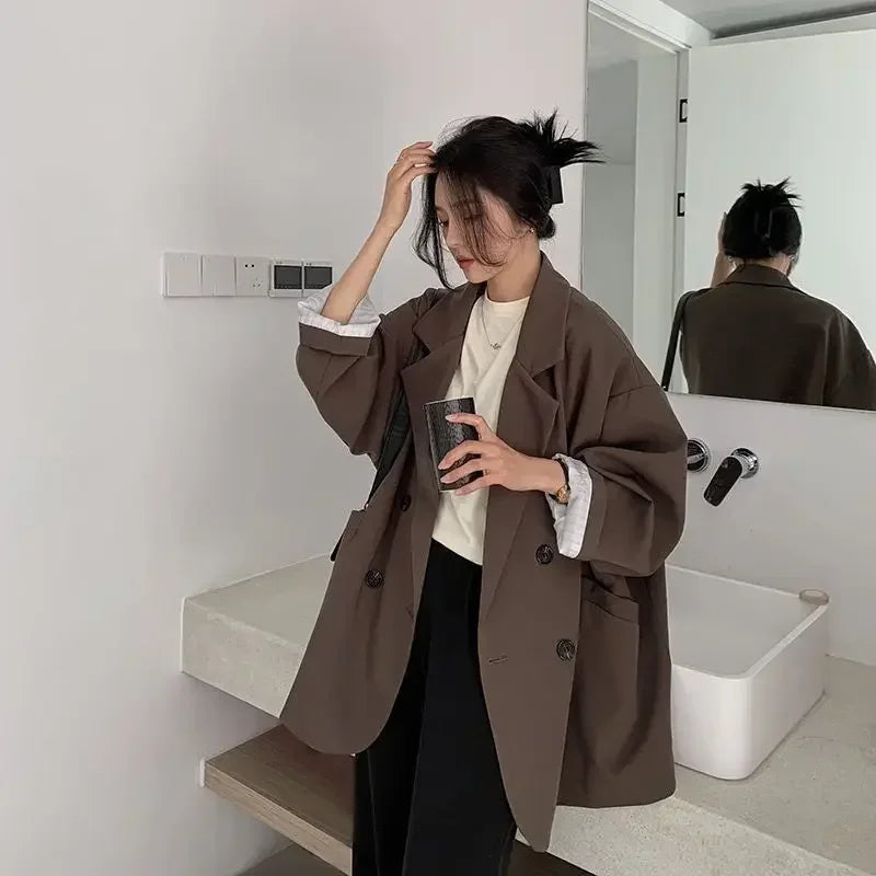 New 2026 Vintage Loose Women Solid Blazer Autumn Chic Double Breasted Female Long Sleeve Suit Jackets Stylish Ladies Blazers