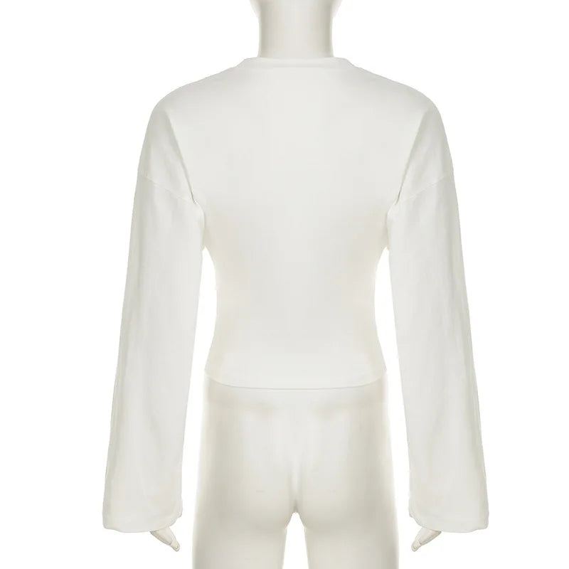 2026 Women Solid O-Neck T-Shirts Front Shoulder Wide Long Sleeve Cinched Waist Slim Top Female Casual Simple Versatile tshirts