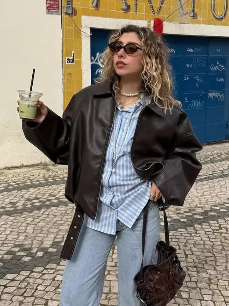 Casual Lapel Zipper Waist Belt Short Leather Jacket 2026 Women Loose Solid Pocket Pu Coat Autumn Lady Daily Highstreet Jackets