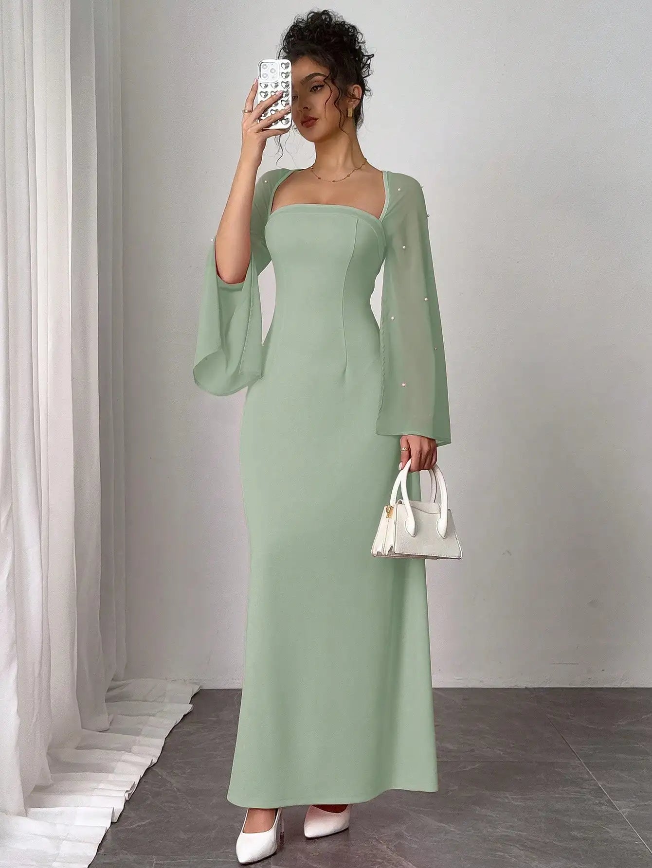 Mint Green Square Neck Long Dress with Sheer Bell Sleeves and Pearl Embellishments