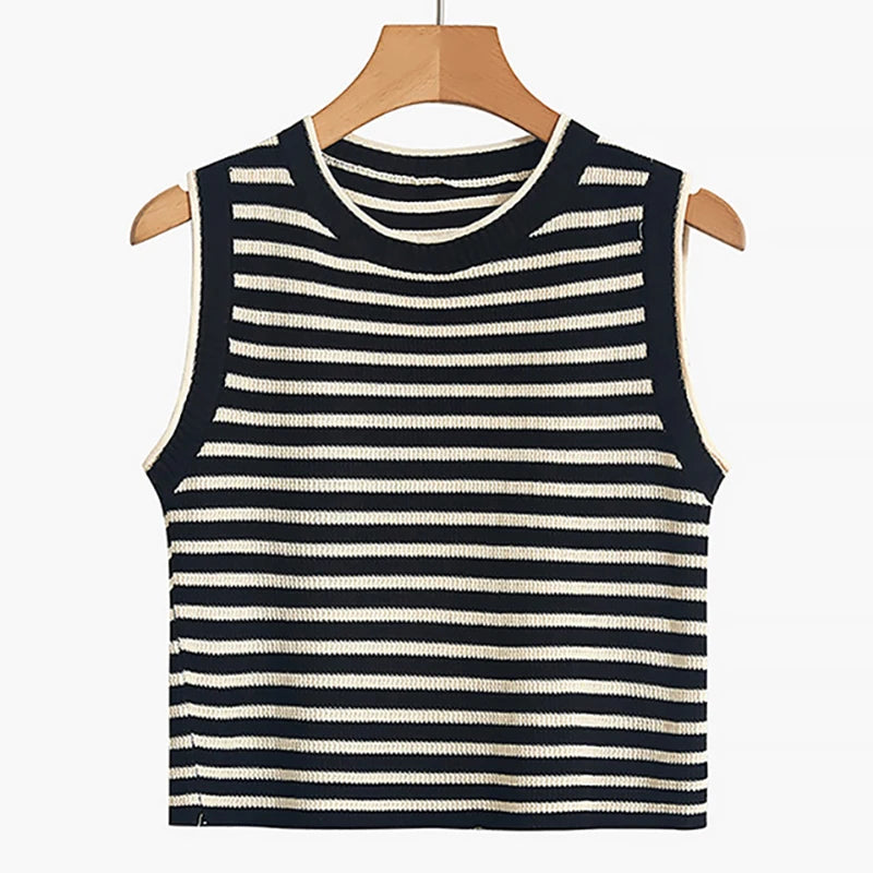 ITOOLIN Women Knitted Stripes O-Neck Tank Tops Female Sleeveless Casual Streetwear Crop Top Women Tops Spring Summer