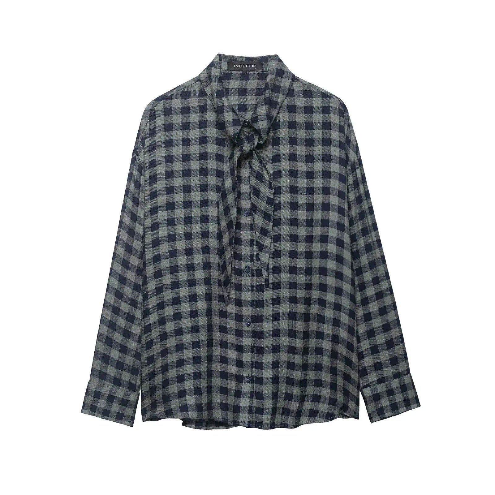 Plaid Shirts Women Loose Tie Bow Single Breasted Long Sleeve Lazy Shirt Women 2026 Spring New Boyfriend Style Streetwears Tops