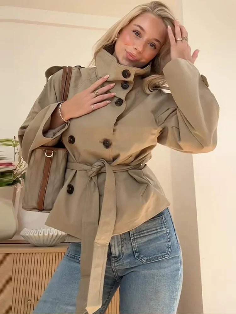 Women Solid Lace Up Trench Coat Elegant High Neck Double Breasted Full Sleeve Windbreaker Lady Fashion Street Casual Daily Coats