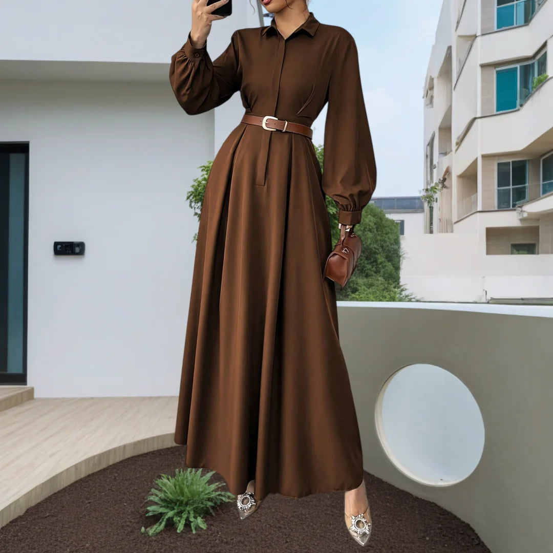 Women's Elegant Long Lantern Sleeve Office Dress Fashion Pleated A-Line Maxi Dresses Autumn 2026 Casual Long Shirt Vestidos