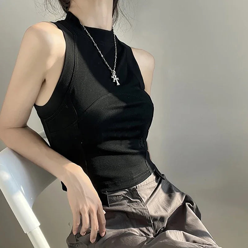 ITOOLIN Women O-neck Sports Crop Tops Solid Cotton Elastic Slim Tank Tops Sleeveless Casual Tank Tops Women Tops Spring Summer