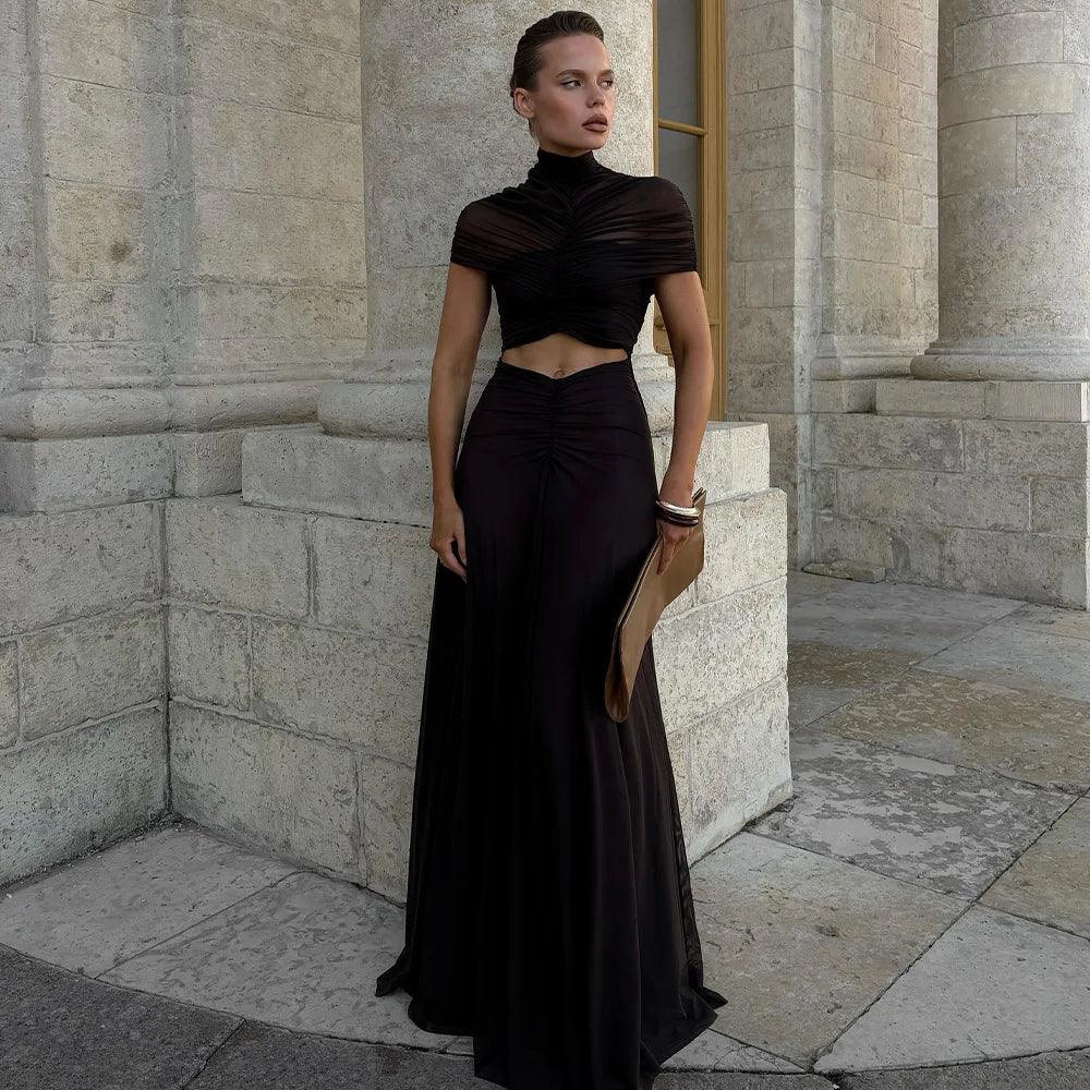 New Ruched Irregular Mesh Dress Women Patchwork High Neck Short Sleeve Hollow Out Long Dresses Female Party Maxi Dresses Outfits