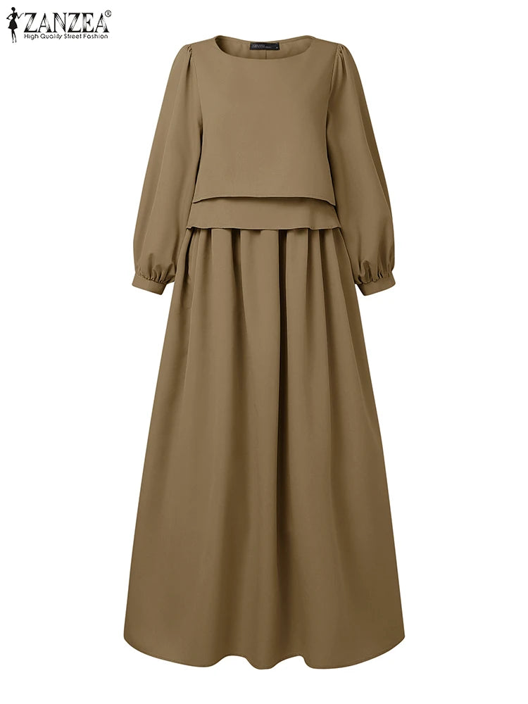 ZANZEA Womens Casual Chic Maxi Dresses Boatneck Lantern Sleeve Fake Two-Piece Solid Color A-Line Long Dress Autumn Retro Clothes