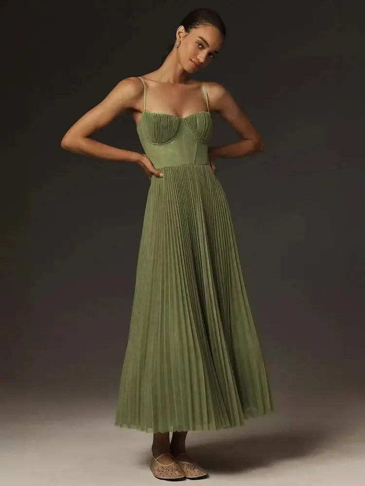Sexy Evening Dress Women Sleeveless Deep V Neck Slim Pleated Maxi Dress Female Smooths Silhouette Bridesmaid Gown Dresses Womens