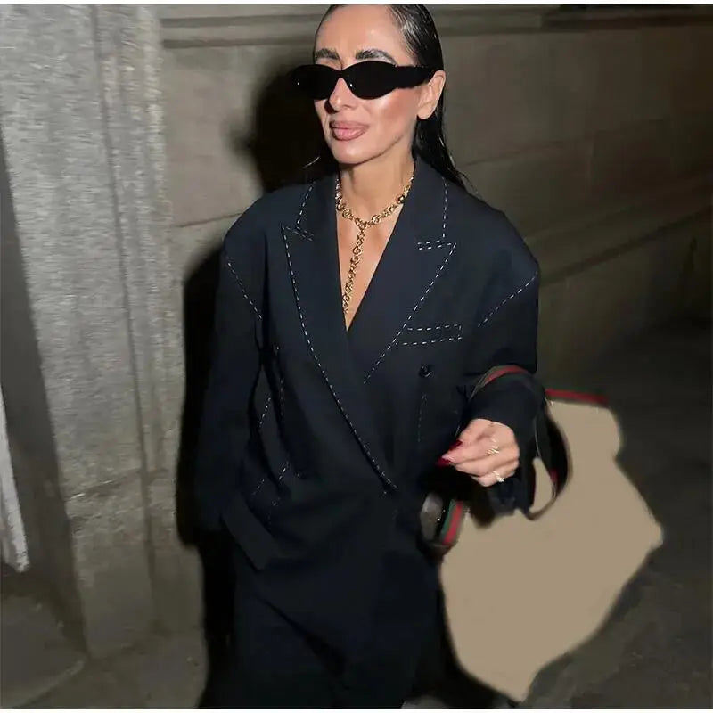 Striped Blazer Coat Women Casual Loose Lapel Double-breasted Long Sleeve Coat 2026 Spring New Office Lady Commuter Blazer Jacket