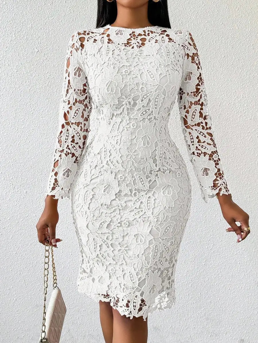 White Floral Lace Crew Neck Midi Dress with Long Sleeves for Party or Office