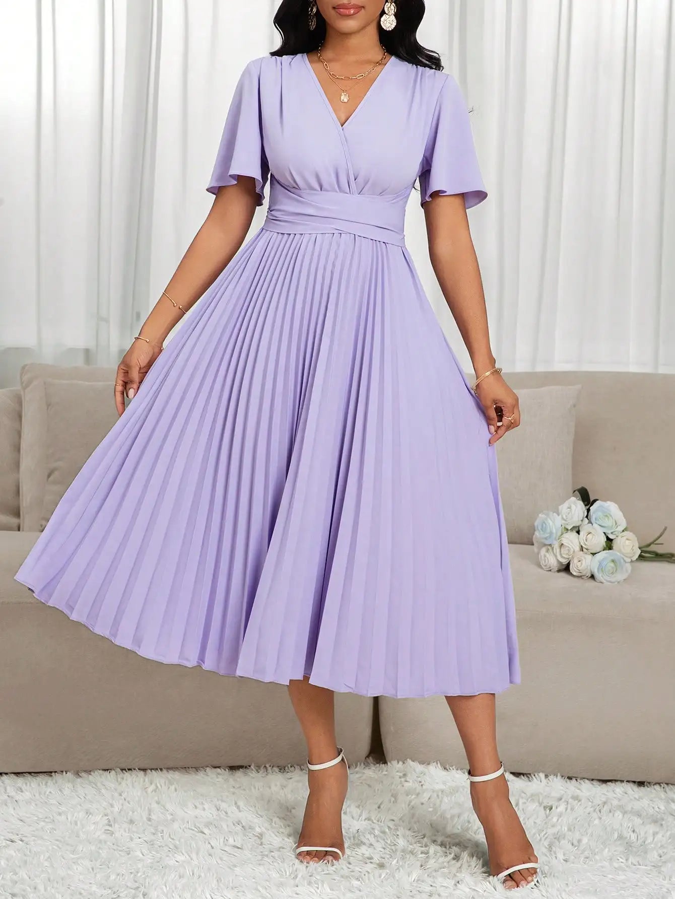 Lavender V-Neck Pleated Midi Dress with Flared Sleeves and Waist Tie
