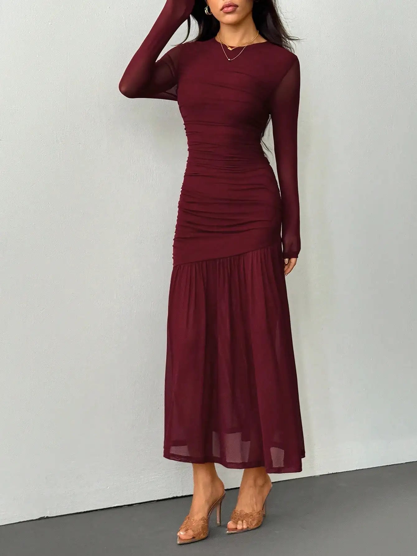 Burgundy Long Sleeve Round Neck Mesh Midi Dress with Ruched Bodice