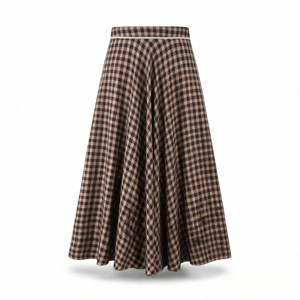 2026 new women's French casual versatile A-line hem high waist casual commuting small plaid lace skirt