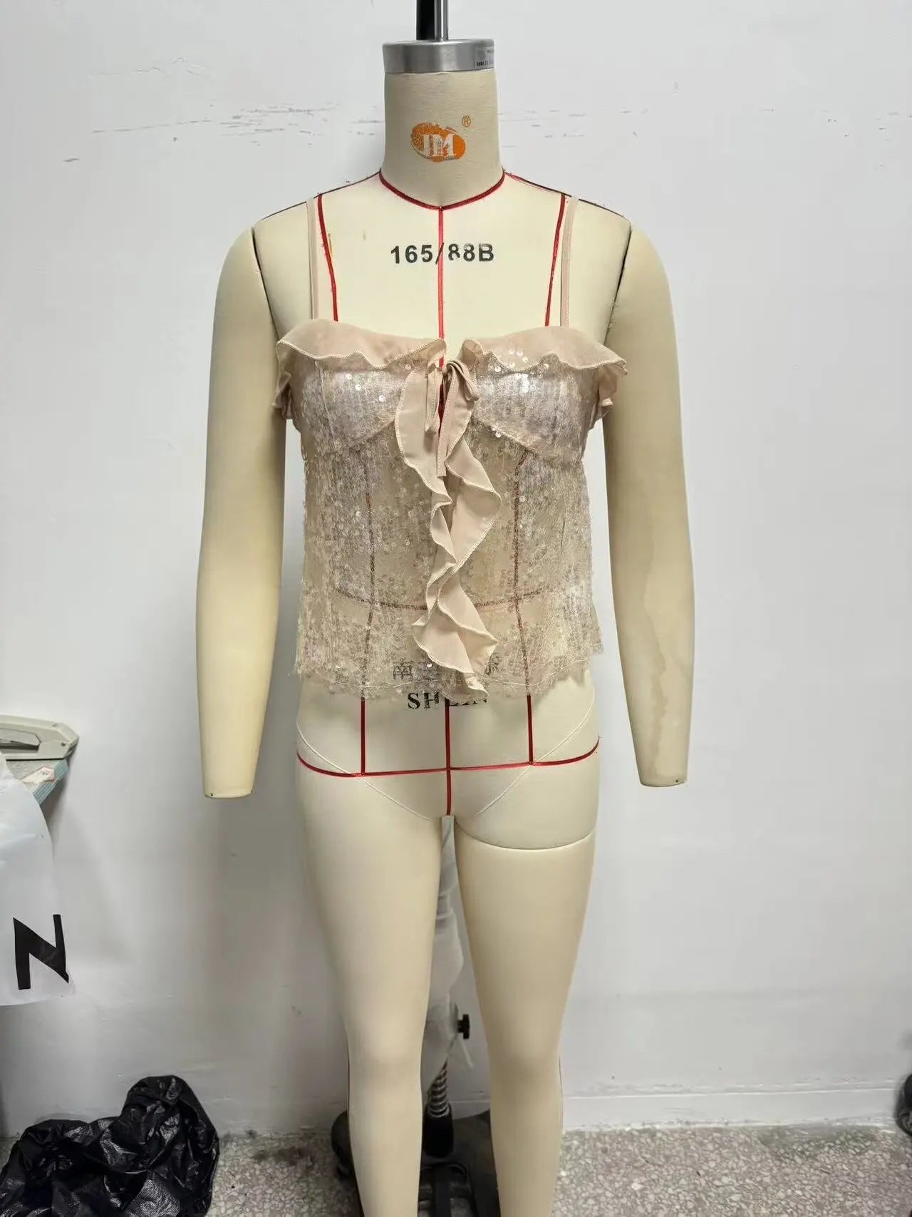 2025 Women Chic Pleat Ruffles Sequined Design Chiffon Sling Camis Tank Top Lady Backless Short Crop Shirt Blouse Tops Clothes