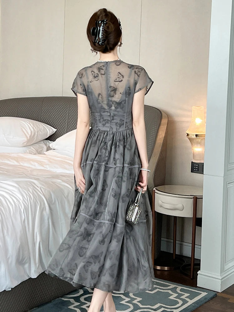 Women's French Retro Long Dress Fashion Grey Printed Short Sleeve Corset Large Swing Ball Gown Femme Party Banquet Vestidos