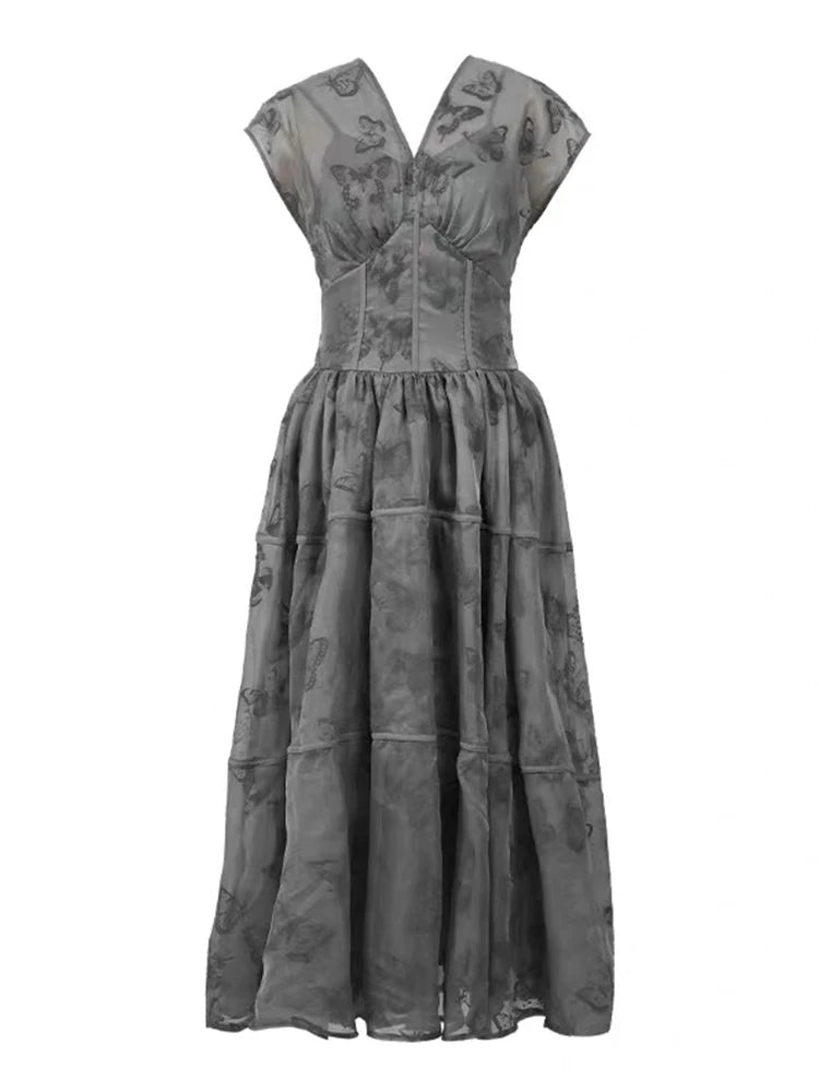 Women's French Retro Long Dress Fashion Grey Printed Short Sleeve Corset Large Swing Ball Gown Femme Party Banquet Vestidos