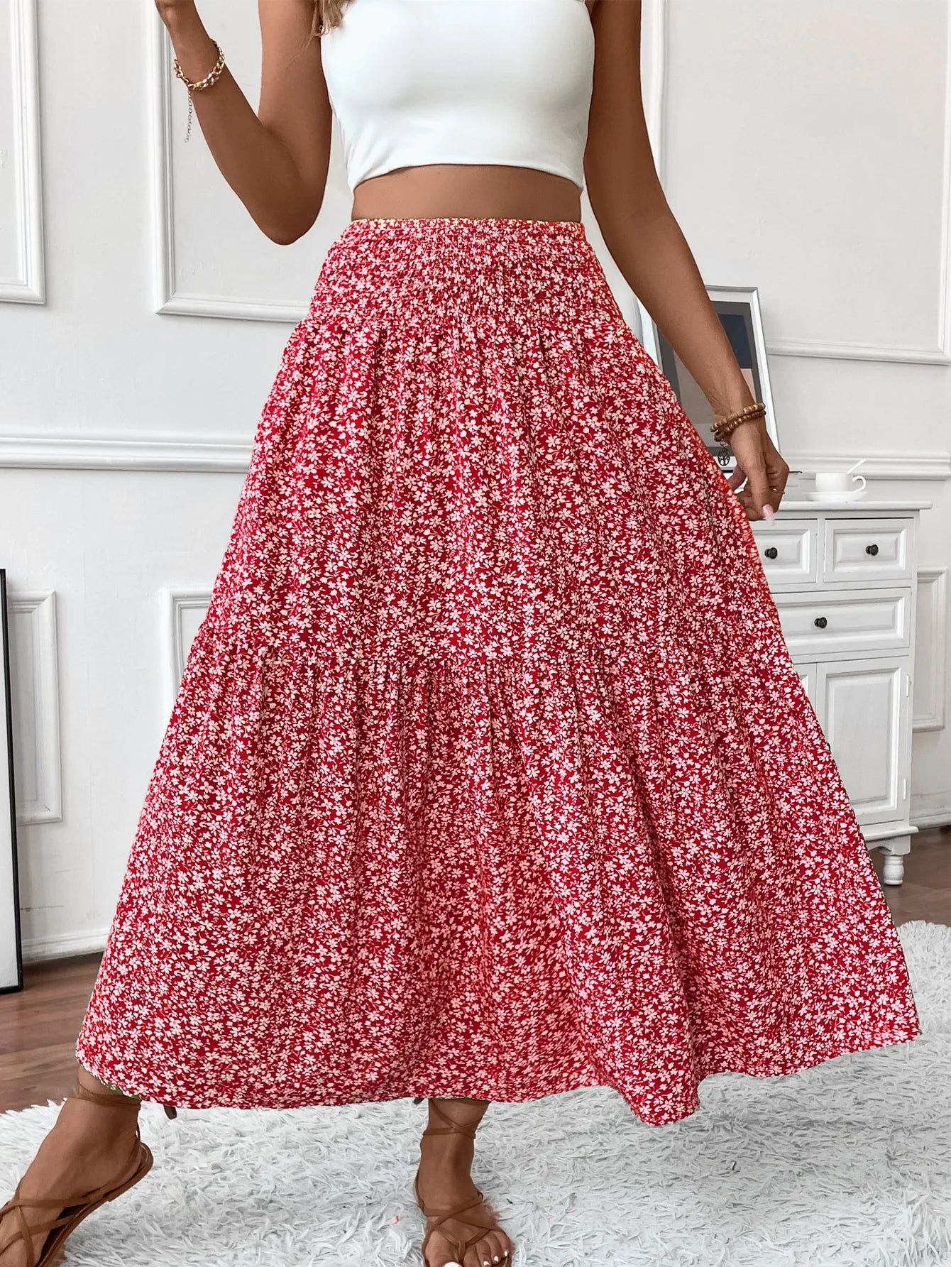 Women's High Waisted Floral Tiered Maxi Skirt Elegant A-Line Flowy Long Skirt with Elastic Waist Perfect for Summer Wear