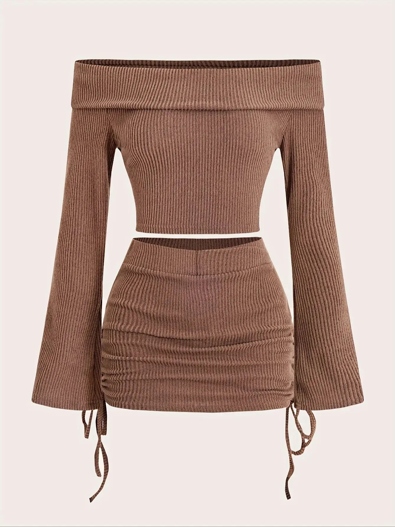 Women's 2-Piece Off-Shoulder Ribbed Set - Long Sleeve Crop Top & Ruched Mini Skirt Outfit for Fall/Winter
